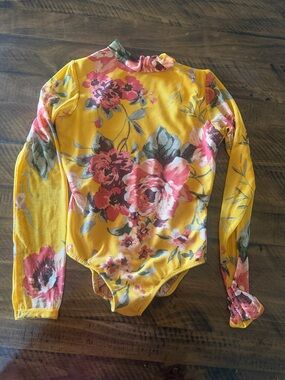 Five Dancewear - YXL Yellow Floral Long Sleeve Leotard